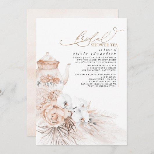 ソフトパステルフローラパンパスグラスブライダルシャワーティー 招待状 (正面/裏面)