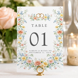ソフトパステルブッシュウォーターカラーワイルドフラワーの結婚式 テーブルナンバー