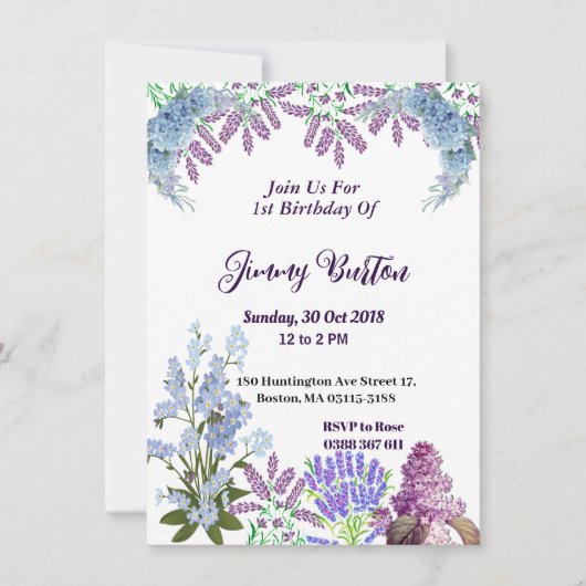 ソフトパステルブルーアジランジェアパープル薄紫誕生日 招待状 (正面)