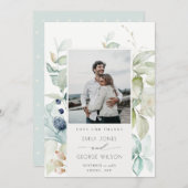 ソフトパステルブルーグリーンフレーム結婚の葉の写真 サンキューカード (正面/裏面)