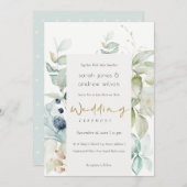 ソフトパステルブルーグリーンリーフの結婚式の招待 サンキューカード (正面/裏面)