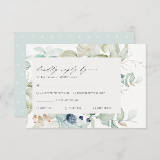 ソフトパステルブルーグリーンリーフフレームウェディングRSVP エンクロージャーカード (正面/裏面)