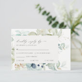 ソフトパステルブルーグリーンリーフフレームウェディングRSVP エンクロージャーカード (スタンド正面)