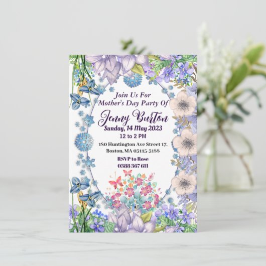 ソフトパステルブルー開花フローラマザーズデイパーティー 招待状 (スタンド正面)