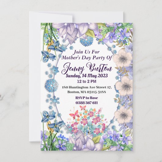 ソフトパステルブルー開花フローラマザーズデイパーティー 招待状 (正面)