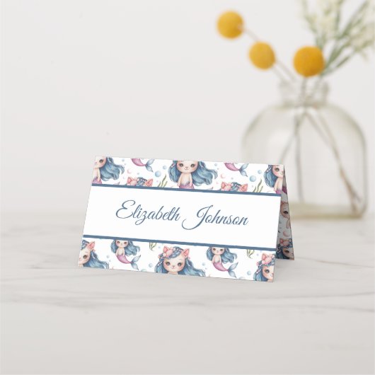 ソフトパステルマーメイドキッテンガール誕生日 プレイスカード (正面)