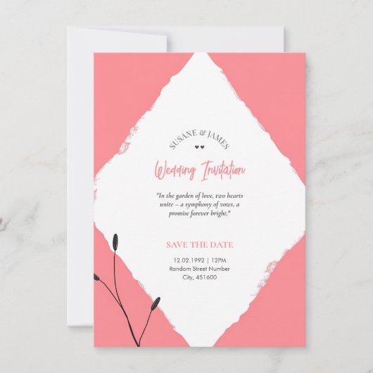 ソフトパステルレッド スケッチ ダイヤモンド ウェディングカード 招待状 (正面)