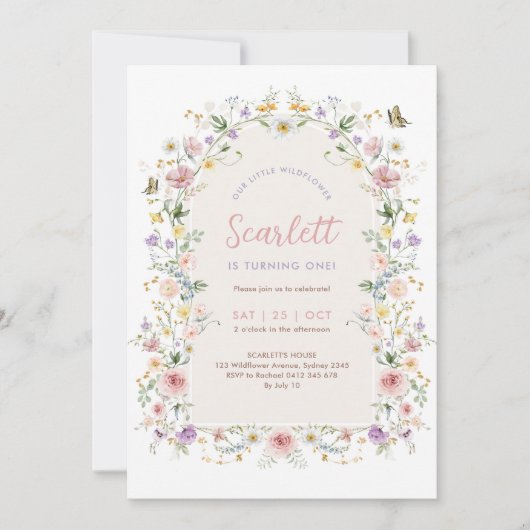 ソフトパステルワイルドフラワーガーデンガールバースデーパーティー 招待状 (正面)