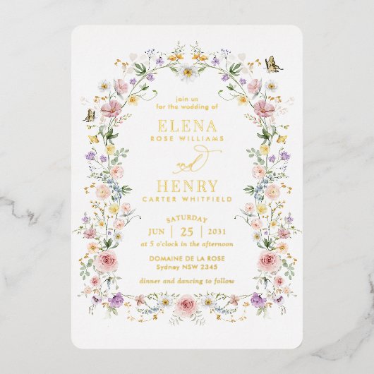 ソフトパステルワイルドフラワーズコテージ庭園の結婚式 箔招待状 (正面)