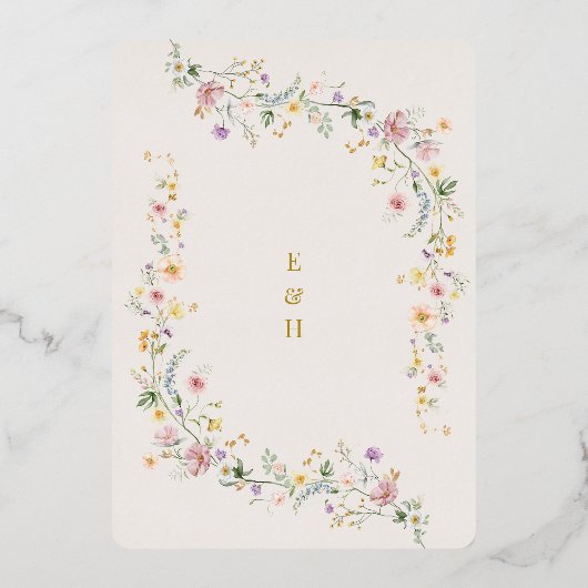 ソフトパステルワイルドフラワーズコテージ庭園の結婚式 箔招待状 (裏面)
