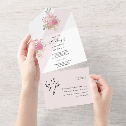 ソフトパステル春ブーケオブフラワーウォータカラー オールインワン招待状 (貼ってはがせる)