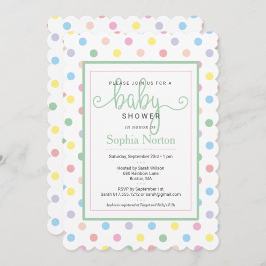 ソフトパステル水玉模様ベビーシャワー招待状 招待状 (正面/裏面)