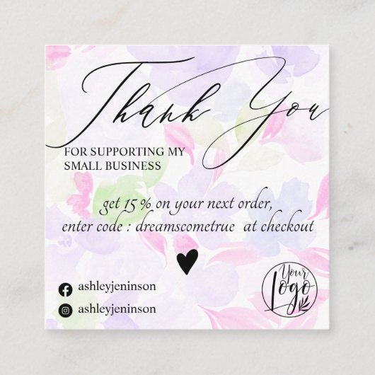 ソフトパステル紫色の花のパタ感謝していーンの順序 スクエア名刺 (裏面)