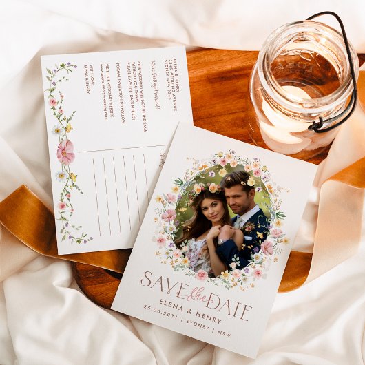 ソフトパステル結婚ワイルドフラワーの写真保存日時 案内ポストカード