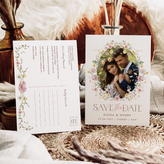 ソフトパステル結婚ワイルドフラワーの写真保存日時 案内ポストカード