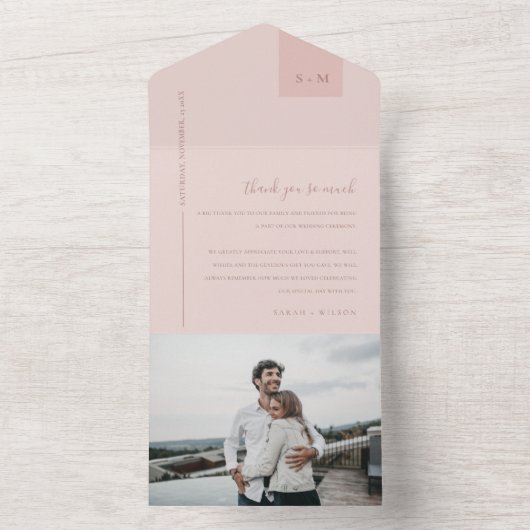 ソフトパステル赤面デュスキピンク結婚ズ・サンキュー オールインワン招待状 (内側)