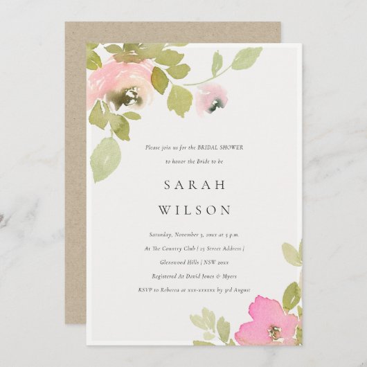 ソフトパステル赤面バラフローラブライダルシャワー招待状 サンキューカード (正面/裏面)