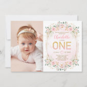 ソフトパステル赤面フラワーグリッター1stバースデーガール 招待状 (正面)