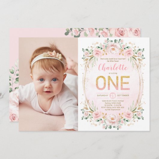 ソフトパステル赤面フラワーグリッター1stバースデーガール 招待状 (正面/裏面)