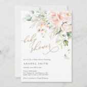 ソフトパステル赤面フローラピンクグリッターベビーシャワー 招待状 (正面)