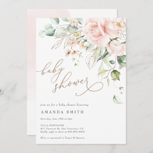 ソフトパステル赤面フローラピンクグリッターベビーシャワー 招待状 (正面/裏面)