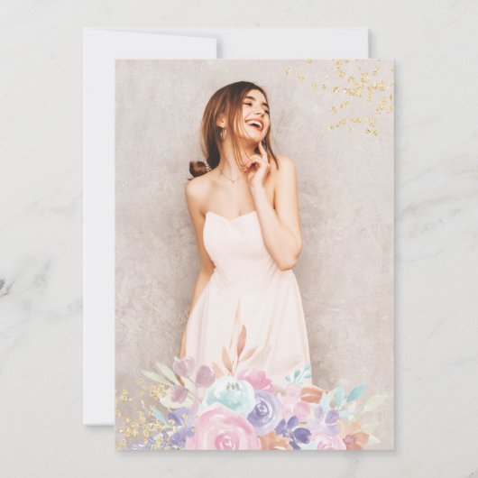 ソフトパステル金ゴールドフローラ水の色の写真Sweet 16 招待状 (裏面)