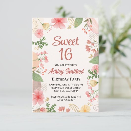 ソフトパステル金ゴールドフローラ水の色の写真Sweet 16 招待状 (スタンド正面)