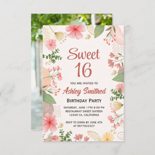 ソフトパステル金ゴールドフローラ水の色の写真Sweet 16 招待状 (正面/裏面)