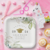 ソフトパステル金ゴールド緑葉卒業キャップ ペーパープレート (パーティー)