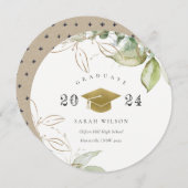 ソフトパステル金ゴールド緑葉卒業キャップ 招待状 (正面/裏面)