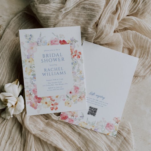 ソフトパステル開花QRコードブライダルシャワー 招待状