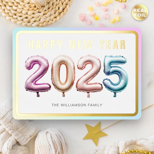 ソフトパステル2025風船ハッピーニューイヤー金ゴールド 箔シーズンカード