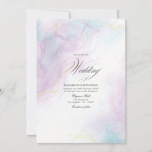 ソフトパステル ブルーとゴールド アルコールインク ウェディング 招待状 (正面)