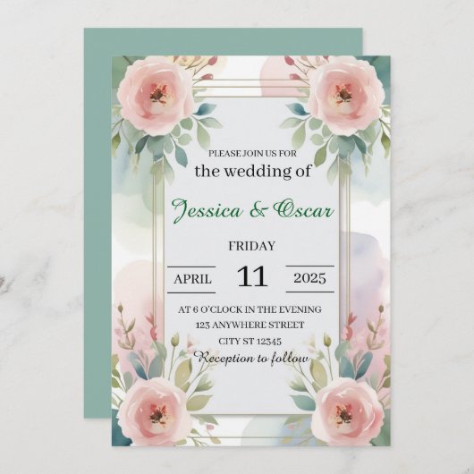 ソフトパモダンステル水彩花結婚の 招待状 (正面/裏面)