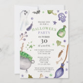 ソフトパープルとグリーンの水彩ハロウィンパーティー 招待状 (正面)