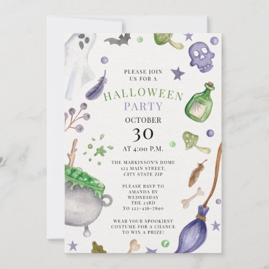 ソフトパープルとグリーンウォーターのカラーハローウィンパーティ 招待状 (正面)