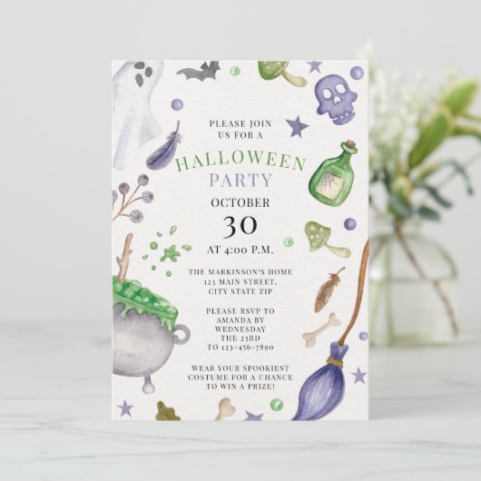 ソフトパープルとグリーンウォーターのカラーハローウィンパーティ 招待状 (スタンド正面)