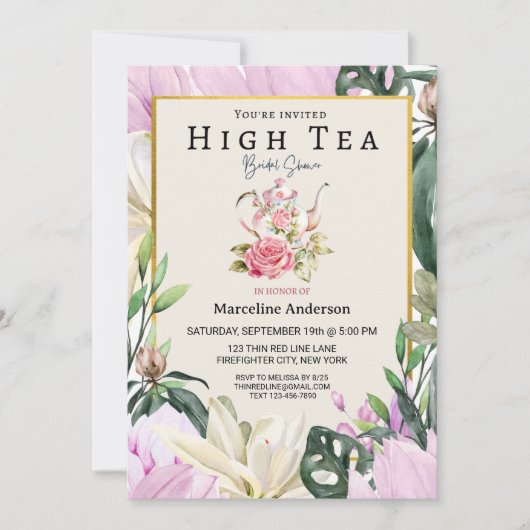 ソフトパープルとフラワーのハイティーポートレート 招待状 (正面)