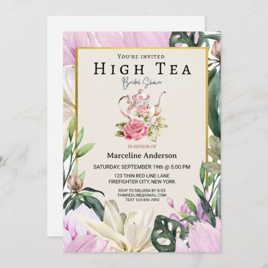 ソフトパープルとフラワーのハイティーポートレート 招待状 (正面/裏面)