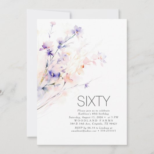 ソフトパープルと赤面の花エレガント誕生日 招待状 (正面)