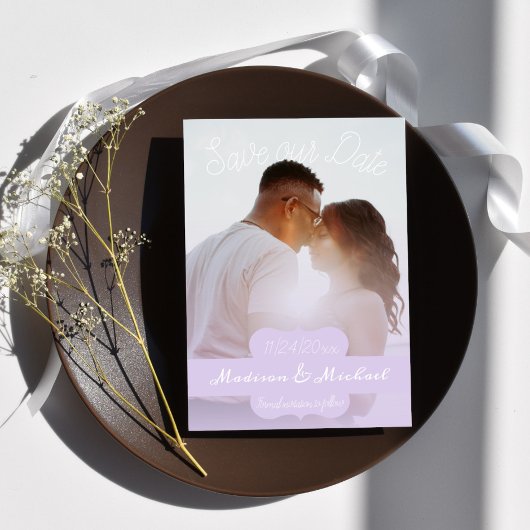 ソフトパープルの写真を使った結婚式の日時お知らせカード 招待状