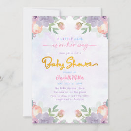ソフトパープルウォーター色フローラベビーガールシャワー 招待状
