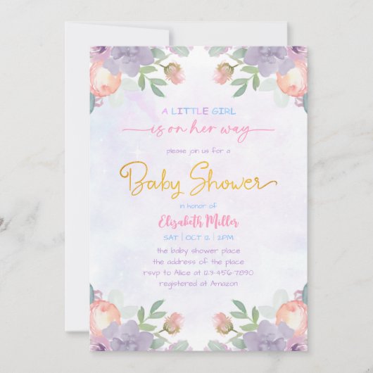 ソフトパープルウォーター色フローラベビーガールシャワー 招待状 (正面)
