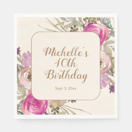 ソフトパープルピンク水彩フローラ40歳の誕生日 スタンダードランチョンナプキン