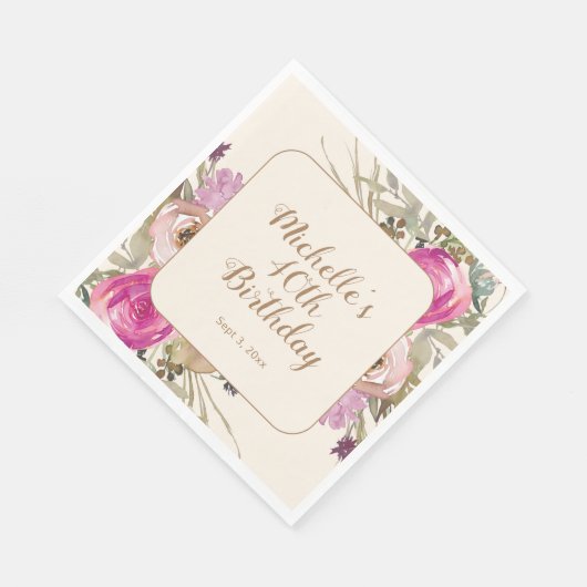 ソフトパープルピンク水彩フローラ40歳の誕生日 スタンダードランチョンナプキン (角)