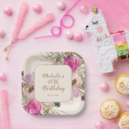 ソフトパープルピンク水彩フローラ40歳の誕生日 ペーパープレート (パーティー)