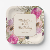 ソフトパープルピンク水彩フローラ40歳の誕生日 ペーパープレート (正面)