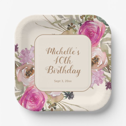ソフトパープルピンク水彩フローラ40歳の誕生日 ペーパープレート (正面)