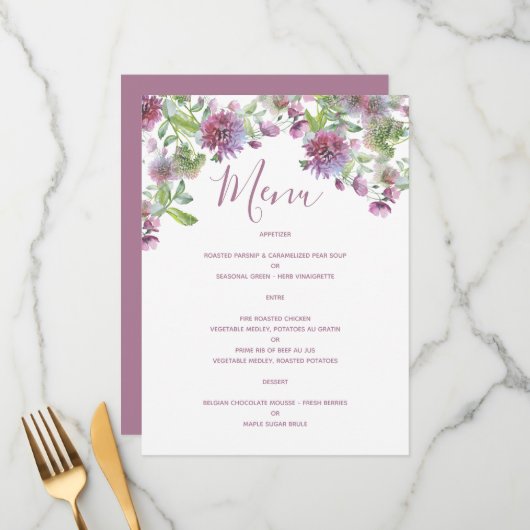 ソフトパープルフローラウェディングレセプションメニューカード メニュー (正面/裏面インサイチュ)