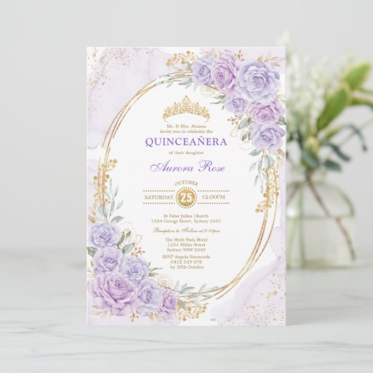 ソフトパープルフローラクインセアニラ15誕生日 招待状 (スタンド正面)